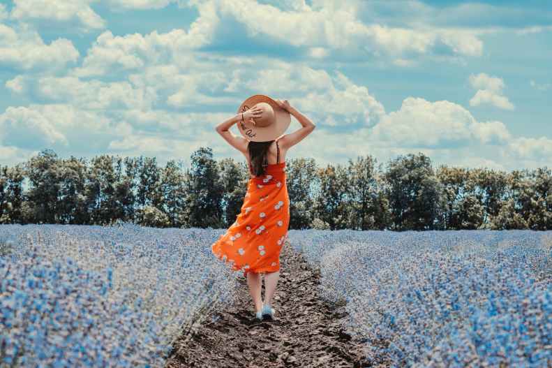 back view photo of woman in floral dress and sun hat standing under blue sky in blue flower field